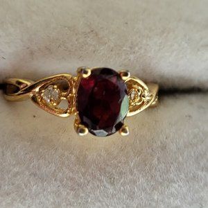 Garnet Ring size 7 oval red gemstone gold plate heart cut-out white side stone